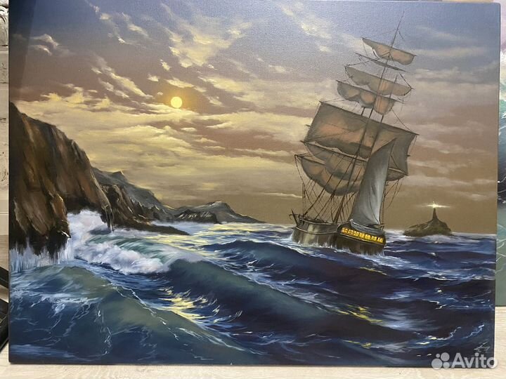 Картина маслом корабль на волнах по мотивам Ружика