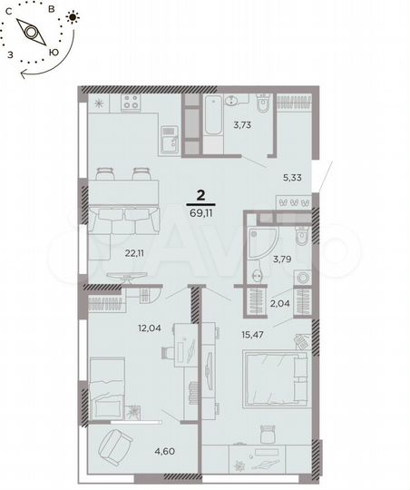 2-к. квартира, 69,1 м², 18/25 эт.