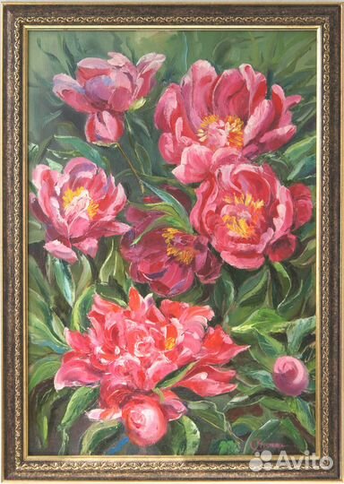 Картина маслом в рамке. Красные пионы