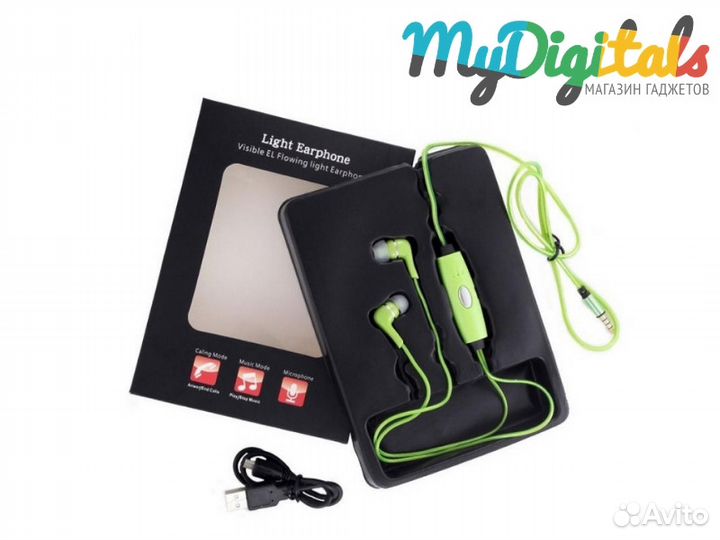 Светящиеся наушники EL свечение Зеленые
