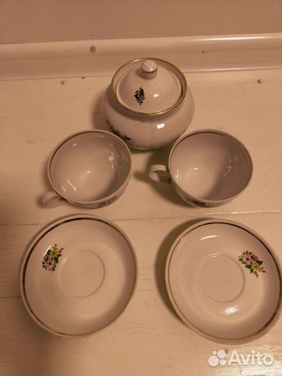 Чайные пары, сахарница. Фарфор СССР