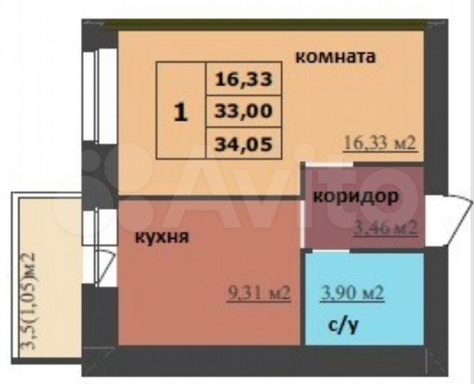 1-к. квартира, 34 м², 1/16 эт.