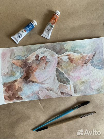 Картина акварель коты влюбленные