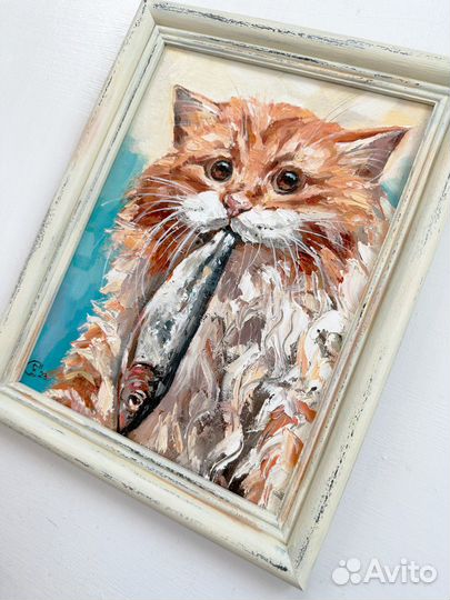 Картина маслом в рамке Котик и рыбка Картина кот