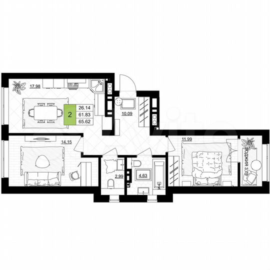 2-к. квартира, 65,6 м², 3/7 эт.