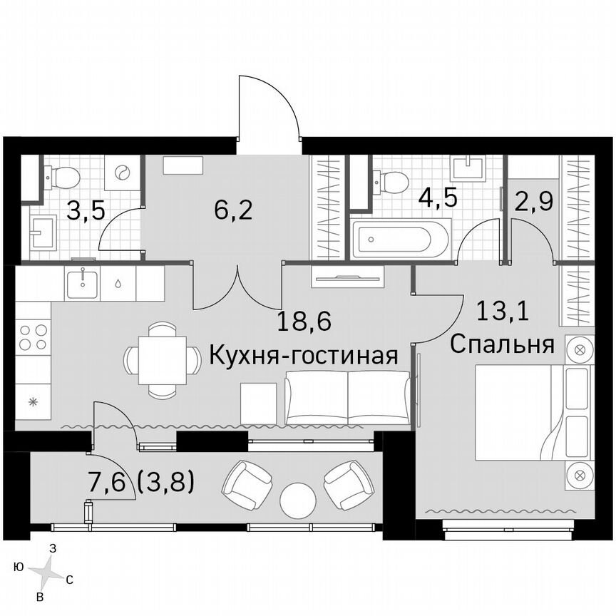 1-к. квартира, 52,6 м², 9/45 эт.