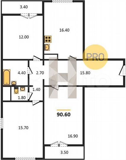 3-к. квартира, 90,6 м², 4/16 эт.