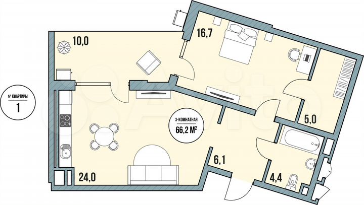 2-к. квартира, 73,2 м², 1/5 эт.