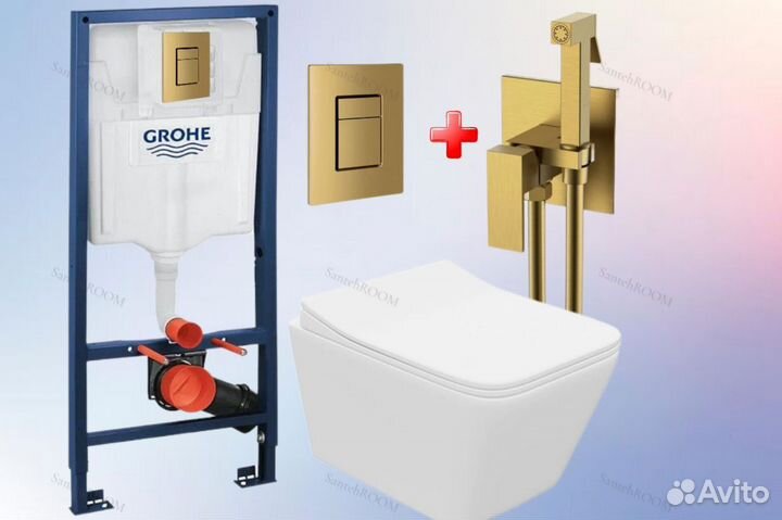 Инсталляция Grohe с бронзовой кнопкой+унитаз