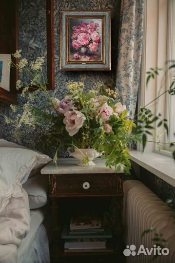 Цветочки Розы Пионы картина маслом 40х30см