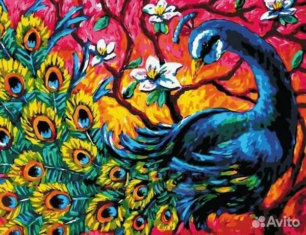 Алмазная мозаика 40x50 Красочный павлин среди цвет