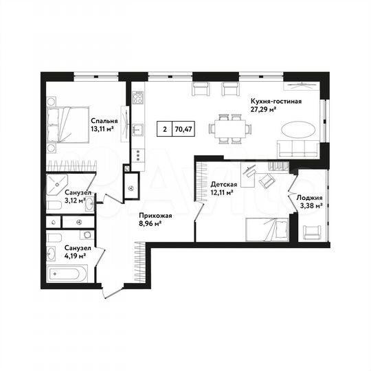 2-к. квартира, 70,5 м², 2/25 эт.