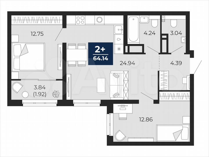 2-к. квартира, 64,1 м², 7/22 эт.