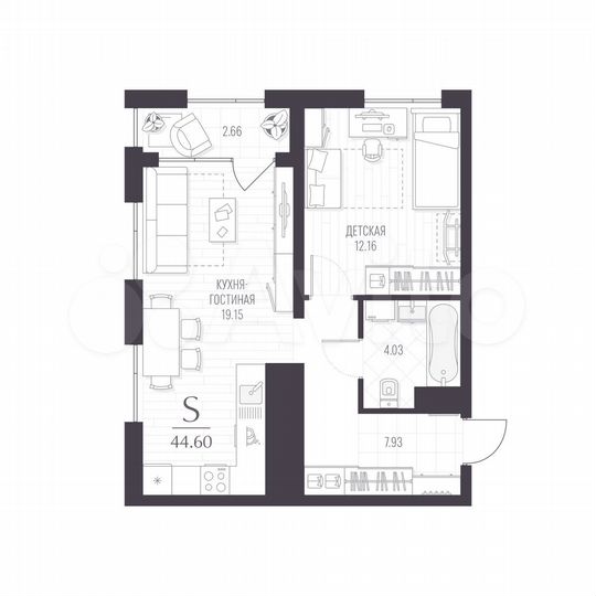 1-к. квартира, 44,6 м², 10/12 эт.