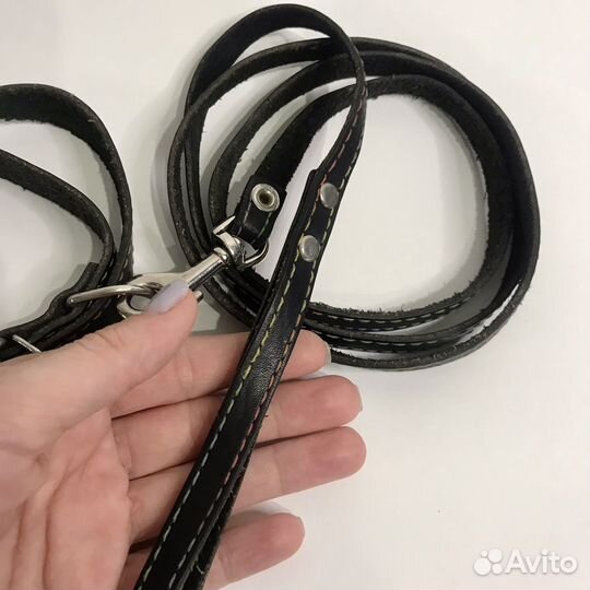 Кожаный поводок с ошейником для собаки