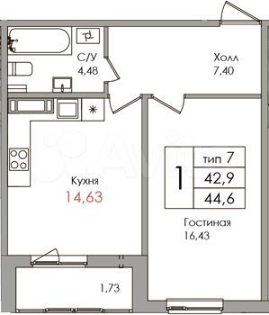 1-к. квартира, 42,6 м², 8/16 эт.