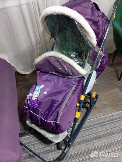 Санки коляска с колёсами и перекидной ручкой