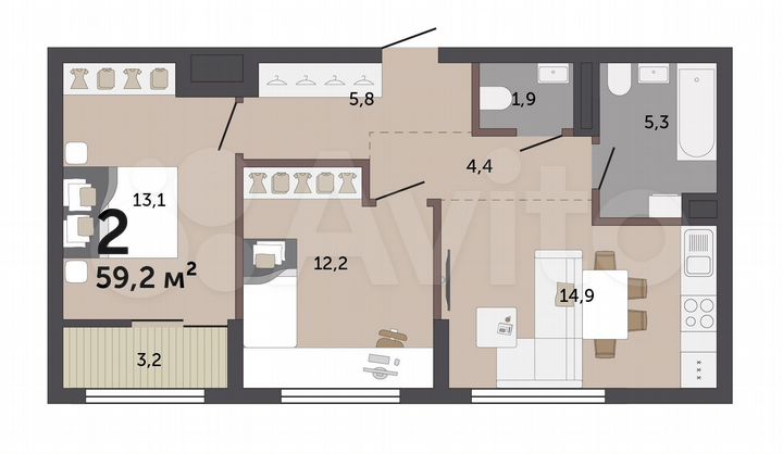 2-к. квартира, 59,2 м², 8/17 эт.