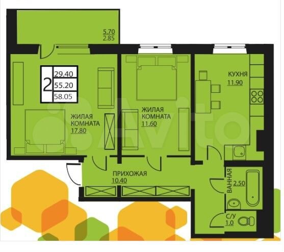 2-к. квартира, 58,1 м², 5/16 эт.