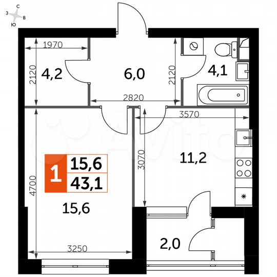 1-к. квартира, 43,1 м², 15/28 эт.