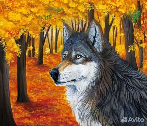 Алмазная мозаика 40x50 Большой серый волк в золоти