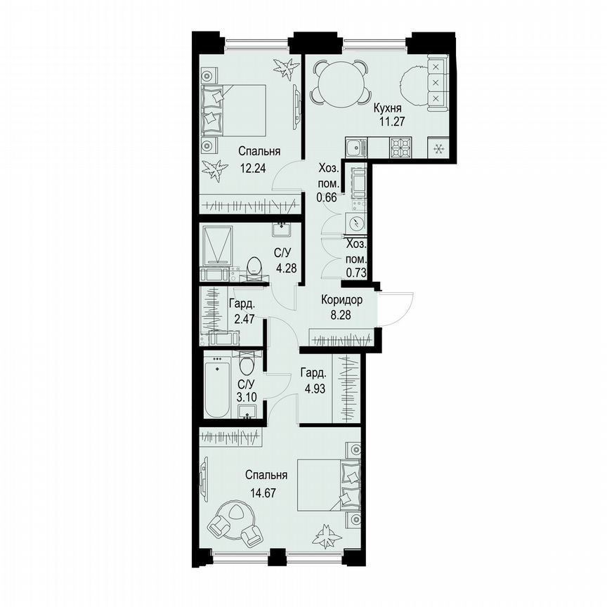2-к. квартира, 62,6 м², 3/6 эт.