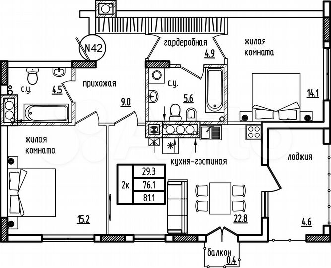 2-к. квартира, 81,1 м², 9/9 эт.