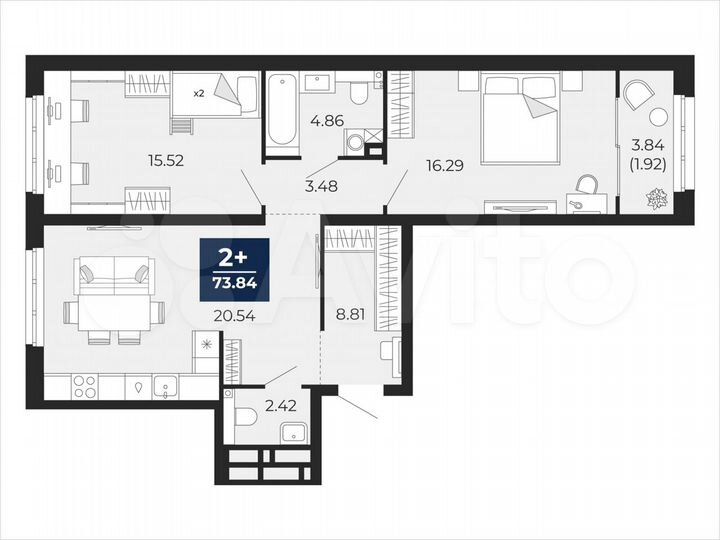 2-к. квартира, 73,8 м², 2/22 эт.