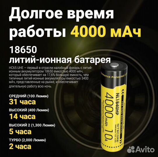 Фонарь налобный nitecore HC65 UHE 2000люм 222метр