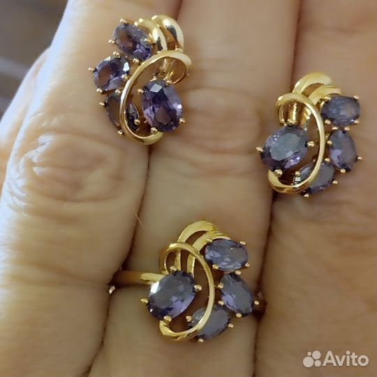 Золотые кольцо серьги с аметистом 585 RG