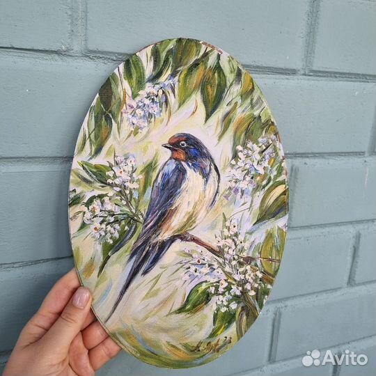 Птица Ласточка картина маслом холст овал 20х30 см