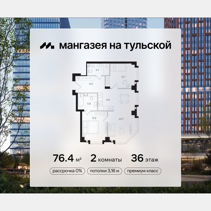 2-к. квартира, 76,4 м², 36/40 эт.