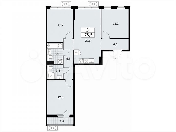 3-к. квартира, 75,5 м², 5/17 эт.