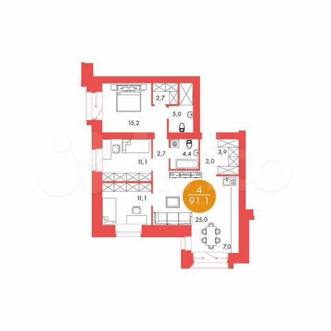 4-к. квартира, 91,1 м², 7/17 эт.