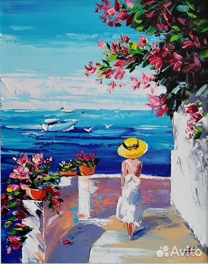 Картина холст масло море лето девушка 48*58