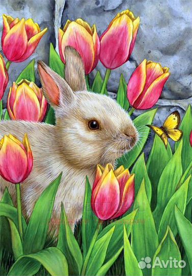 Алмазная мозаика 40x50 Кролик среди розовых тюльпа