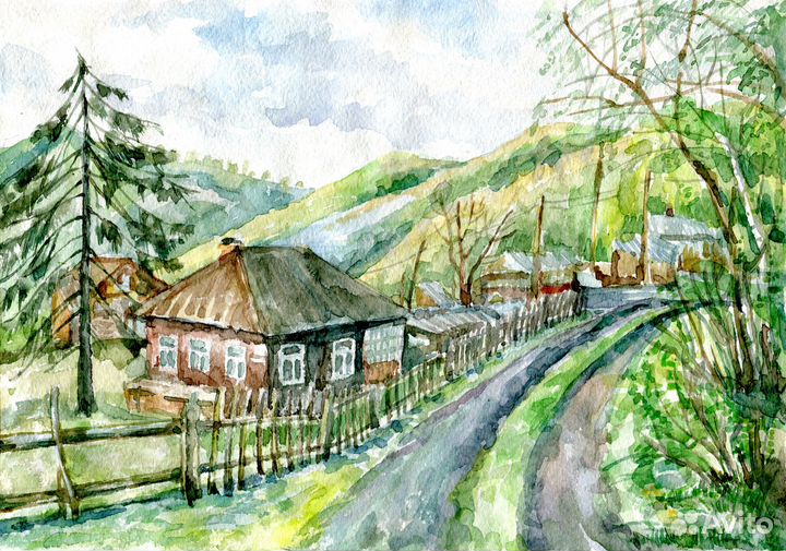 Рисунок «Село в Прибайкалье». Акварель