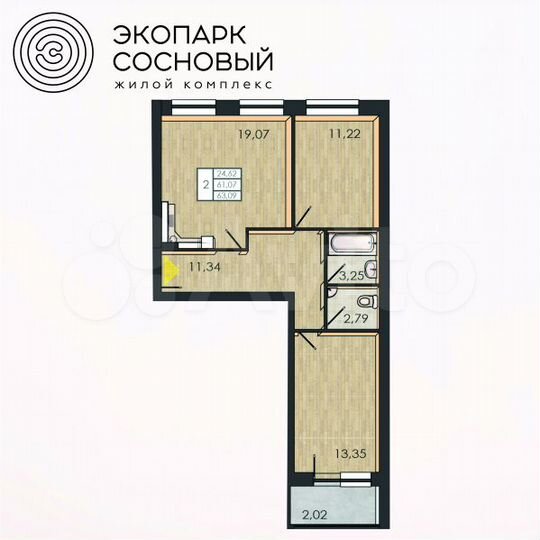 2-к. квартира, 61,1 м², 2/4 эт.