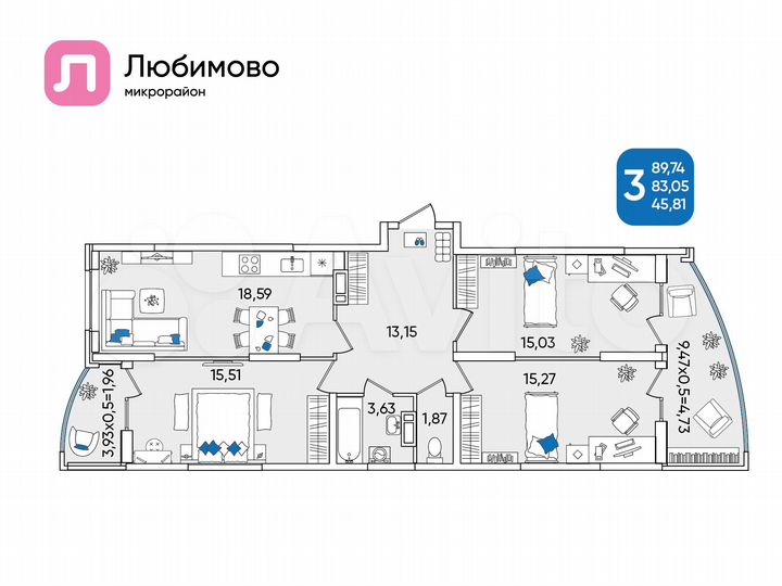 3-к. квартира, 89,7 м², 22/24 эт.