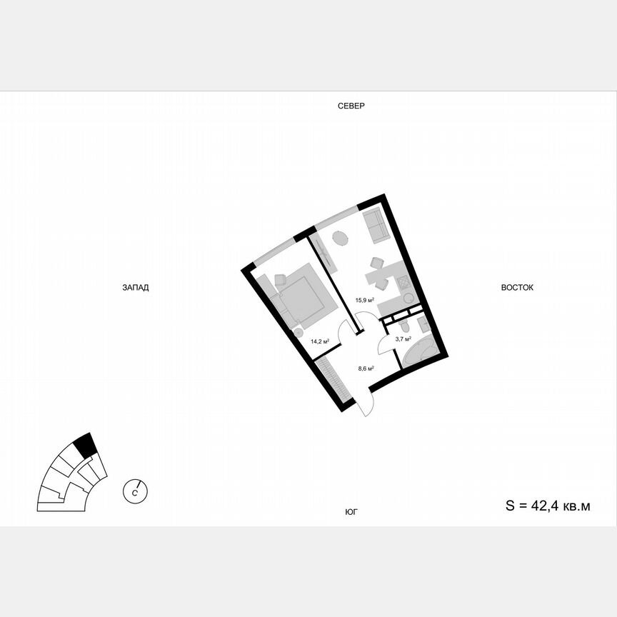1-к. квартира, 42,4 м², 12/17 эт.
