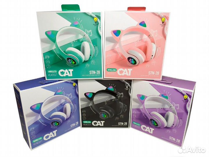 Светящиеся наушники с ушками кошки и лапками