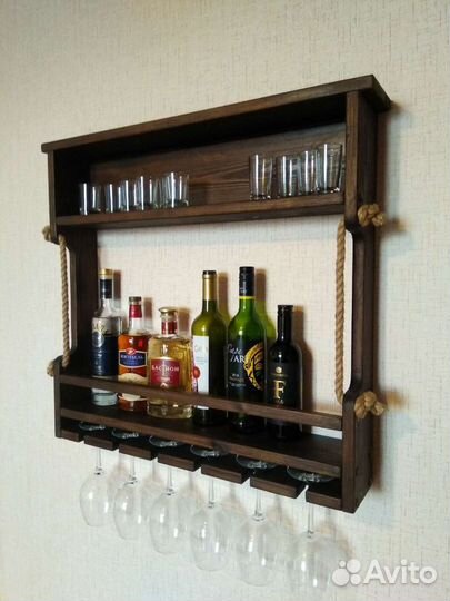 Деревянная полка-минибар для вина и бокалов