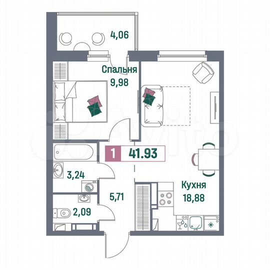1-к. квартира, 41,9 м², 3/16 эт.