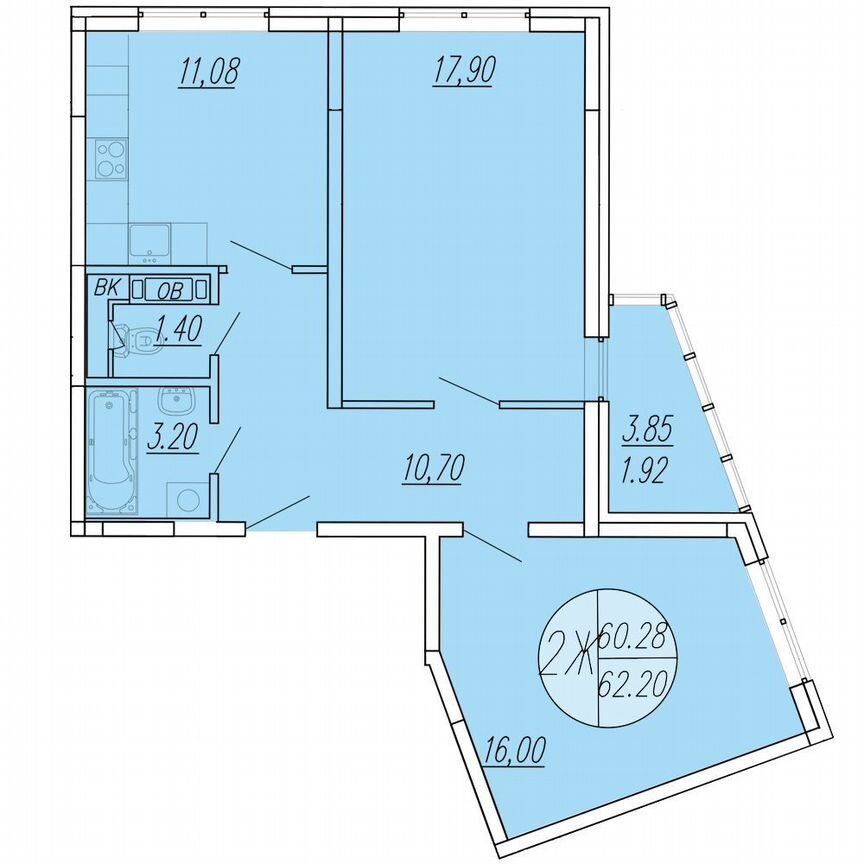 2-к. квартира, 62,2 м², 1/4 эт.