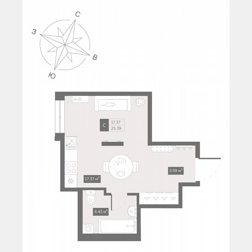 Апартаменты-студия, 25,4 м², 11/13 эт.