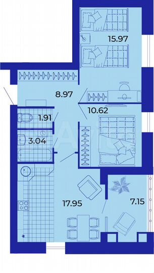 2-к. квартира, 65,6 м², 5/9 эт.