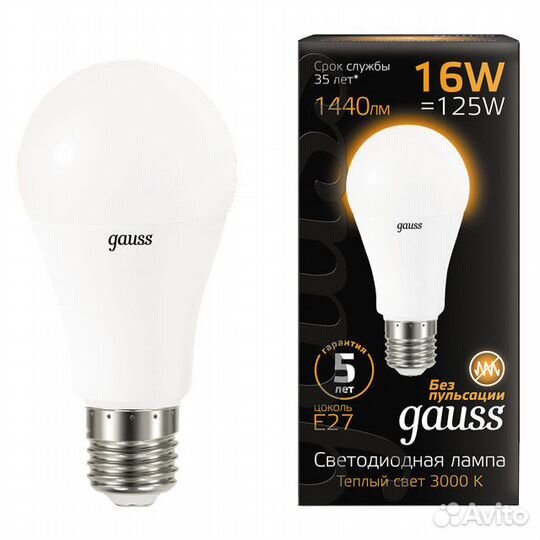 Лампа gauss 16Вт E27 LED 1440Лм 3000K A60 груша