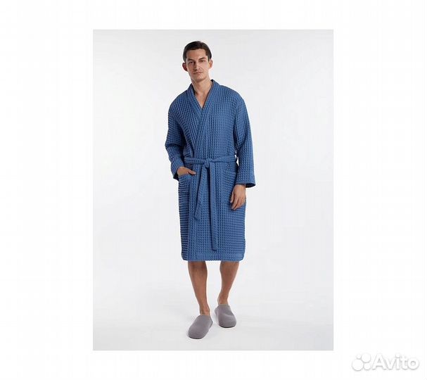 Халат вафельный мужской Home One голубой джинс 56