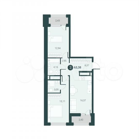 2-к. квартира, 63,4 м², 5/14 эт.