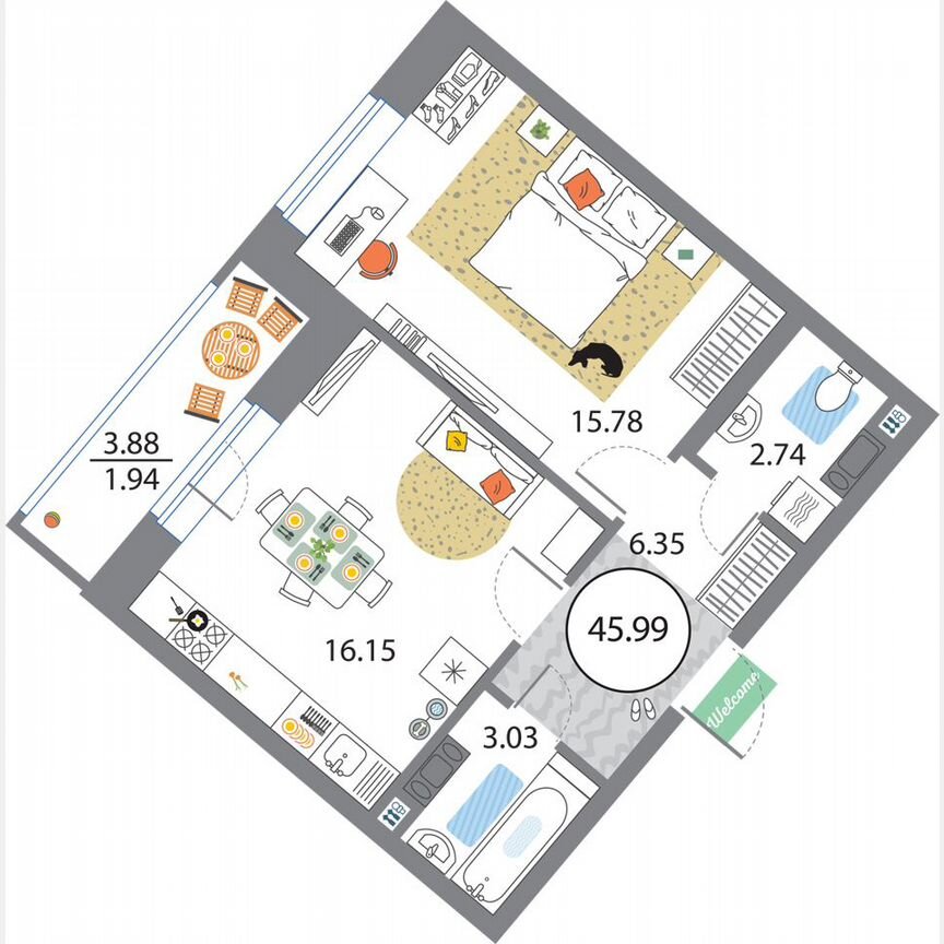 1-к. квартира, 46 м², 4/12 эт.